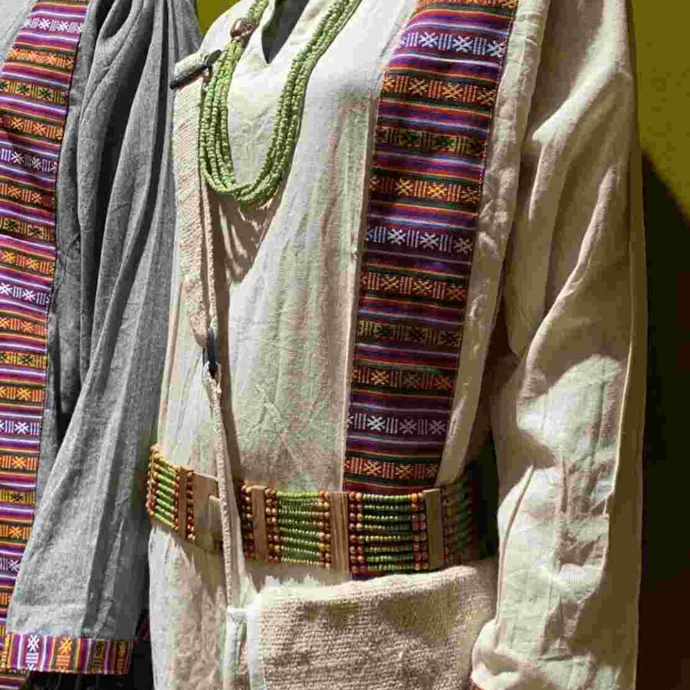 Cotton Bhutani Trim Long-Sleeve V-Neck Tunic - Solid (White)